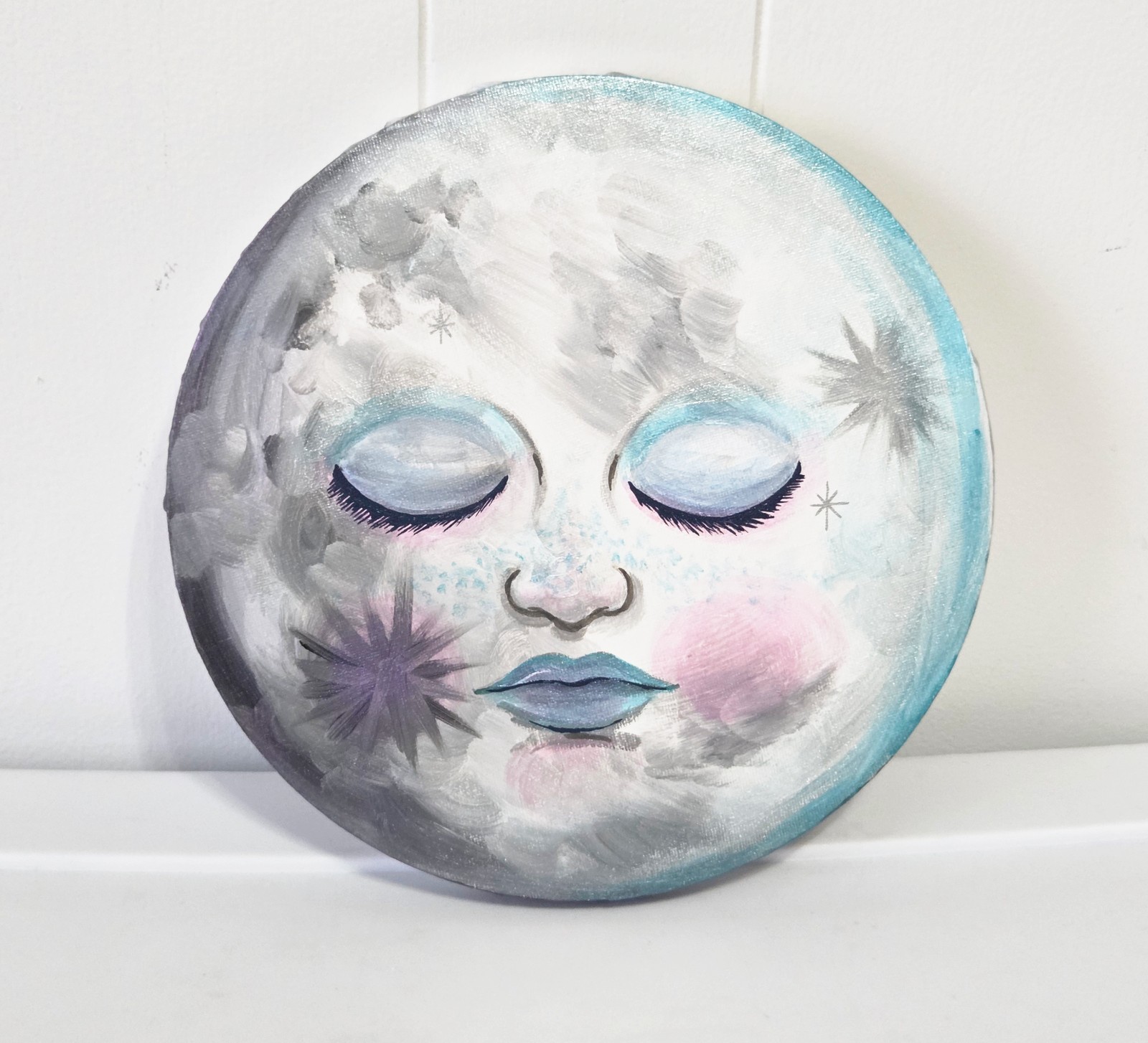 Hand Painted Acrylic 10″ Moon Face Round Canvas OOAK Cute Teal Iridescent Decor