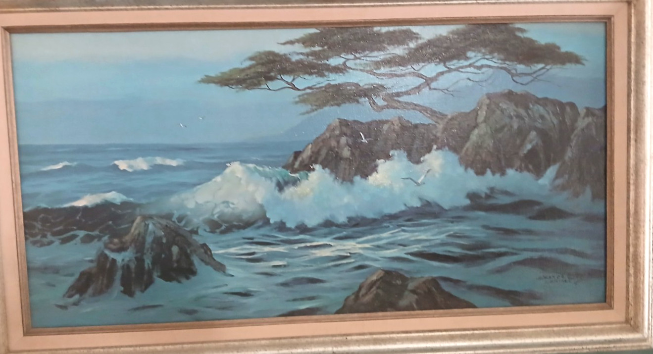 Authentic Signed Skerce 78 Wood Framed Carmel Surf Oil Canvas Painting 38″X24″
