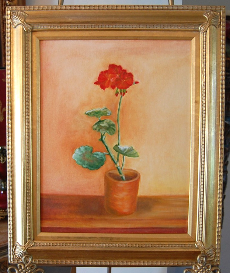 VINTAGE 1990’S FRAMED ORIGINAL OIL PAINTING GERANIUM FLOWERS ON POT A STILL LIFE