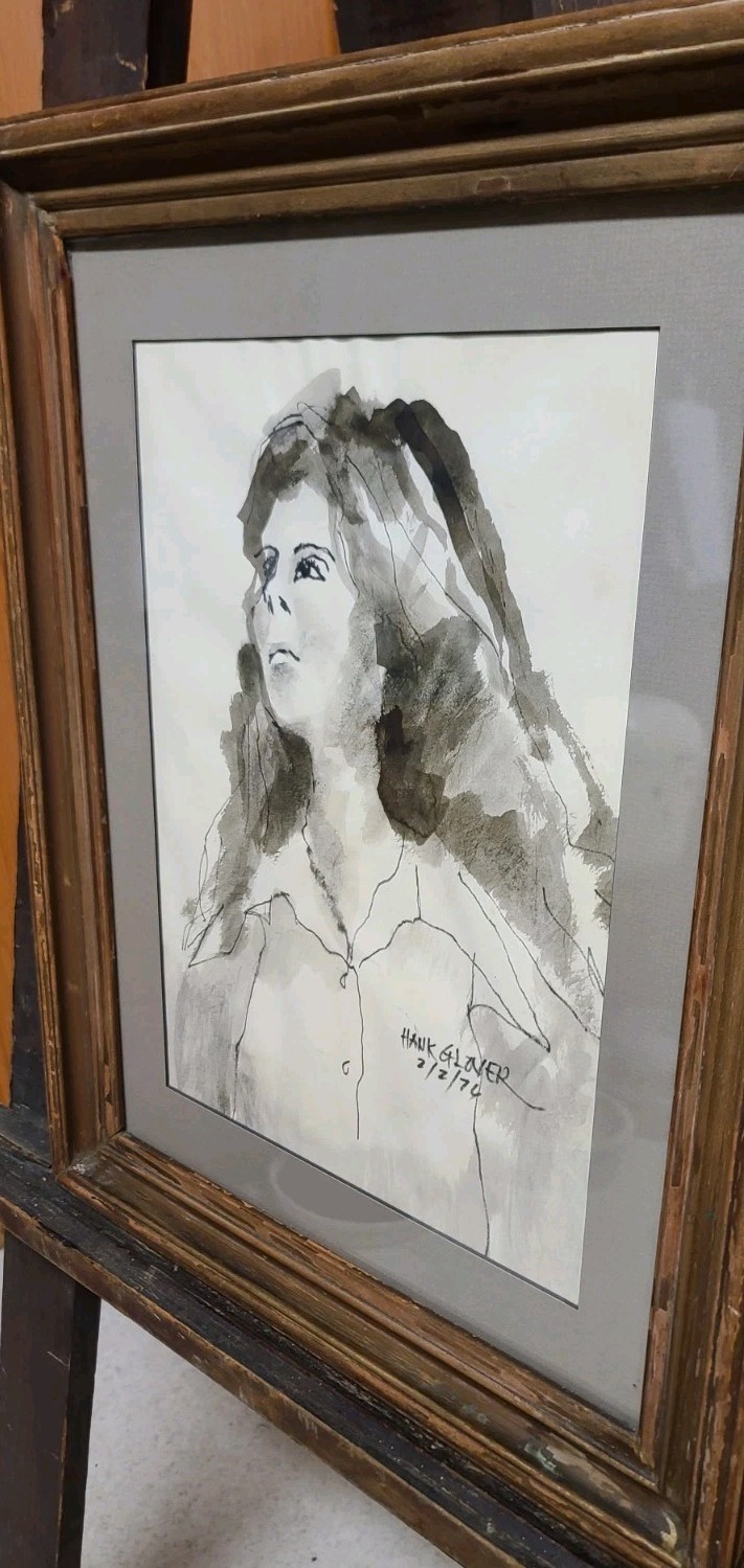 Vintage Hank Glover 76 Charcoal Drawing Woman Portrait 13×9″ Photo 16×15″ Frame