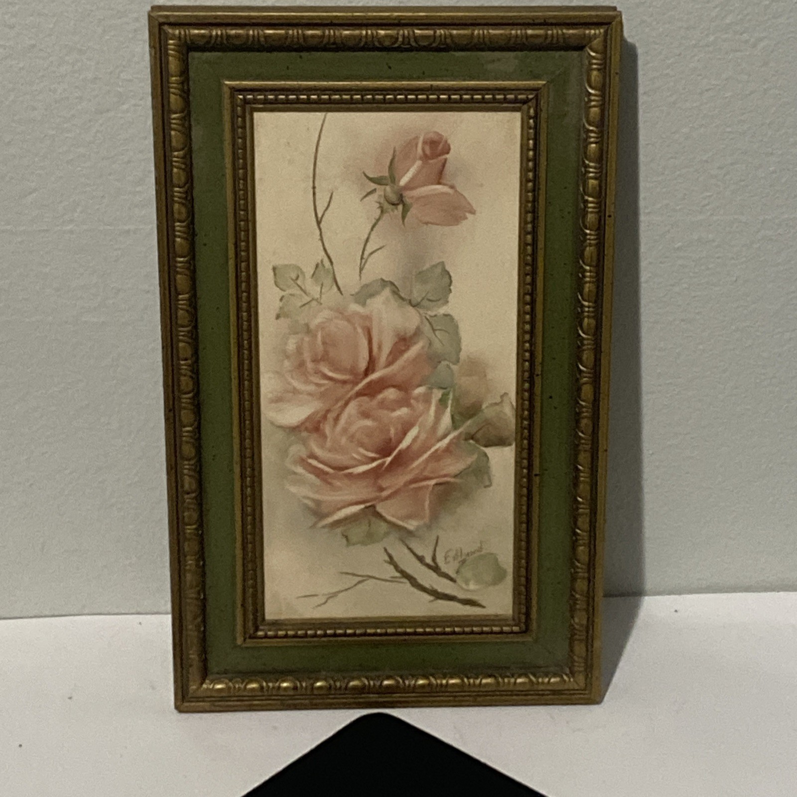 Signed Hand Painted Porcelain Tile Floral Plaque Framed Picture Wall Hanging