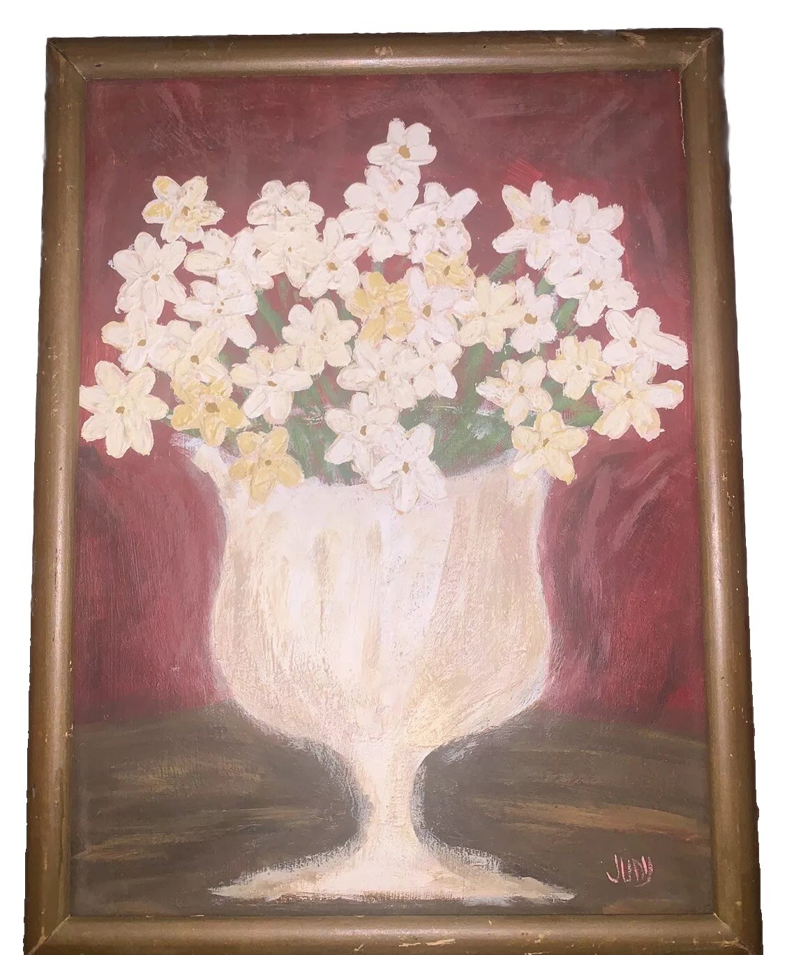 VTG MCM Modern Still Life Flowers Vase Signed Framed 8 5/8”W 11.25”T (7 3/8”x10)