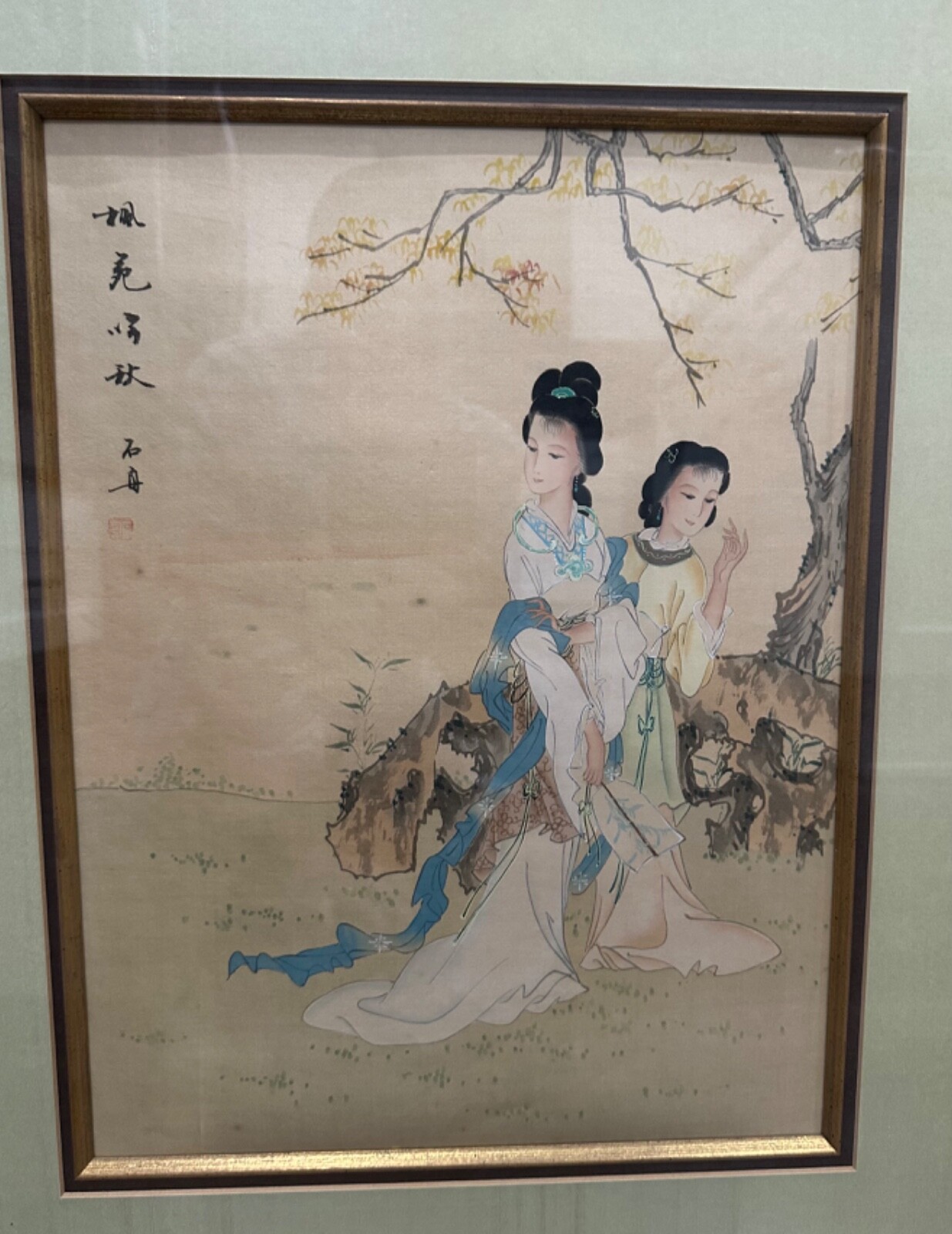 Antique Asian Pair of “Two Women in Garden” Framed Ink & Colors Silk Paintings