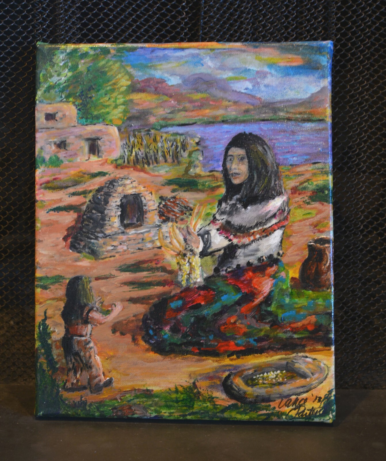 Original Painting Southwest Pueblo Indian Mother & Child Cooking – Vance Parten