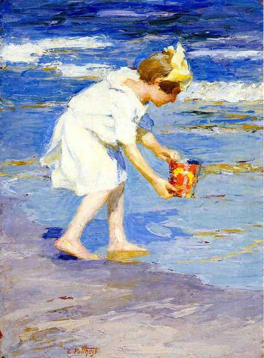 Oil painting Edward-Henry-Potthast-Bright on-Beach child little girl playing art