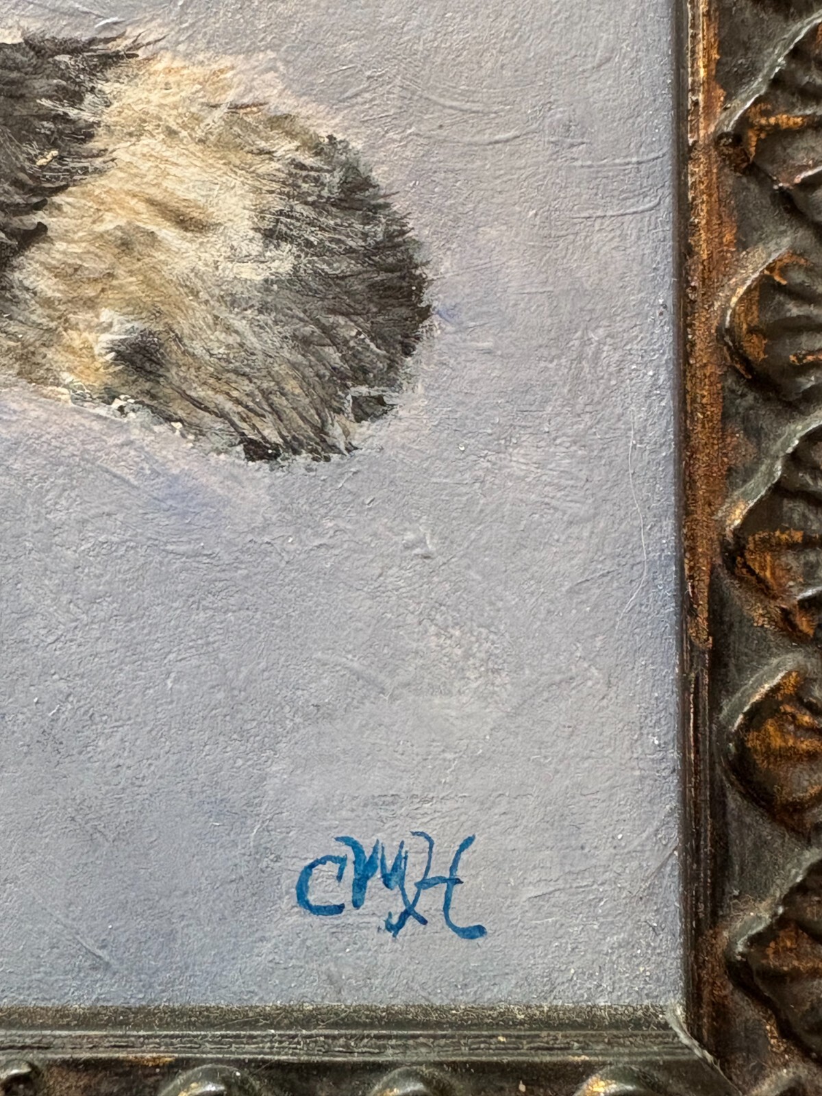 CATHY HAMMERQUIST Framed Original Painting on Canvas «Gray Tabby Cat» 13 x 9″