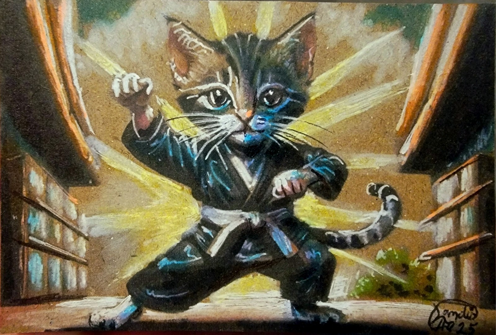 Jacob Landis HANDMADE ORIGINAL Whimsy ACEO Cute Kitten And Fan «A Cool Rest»