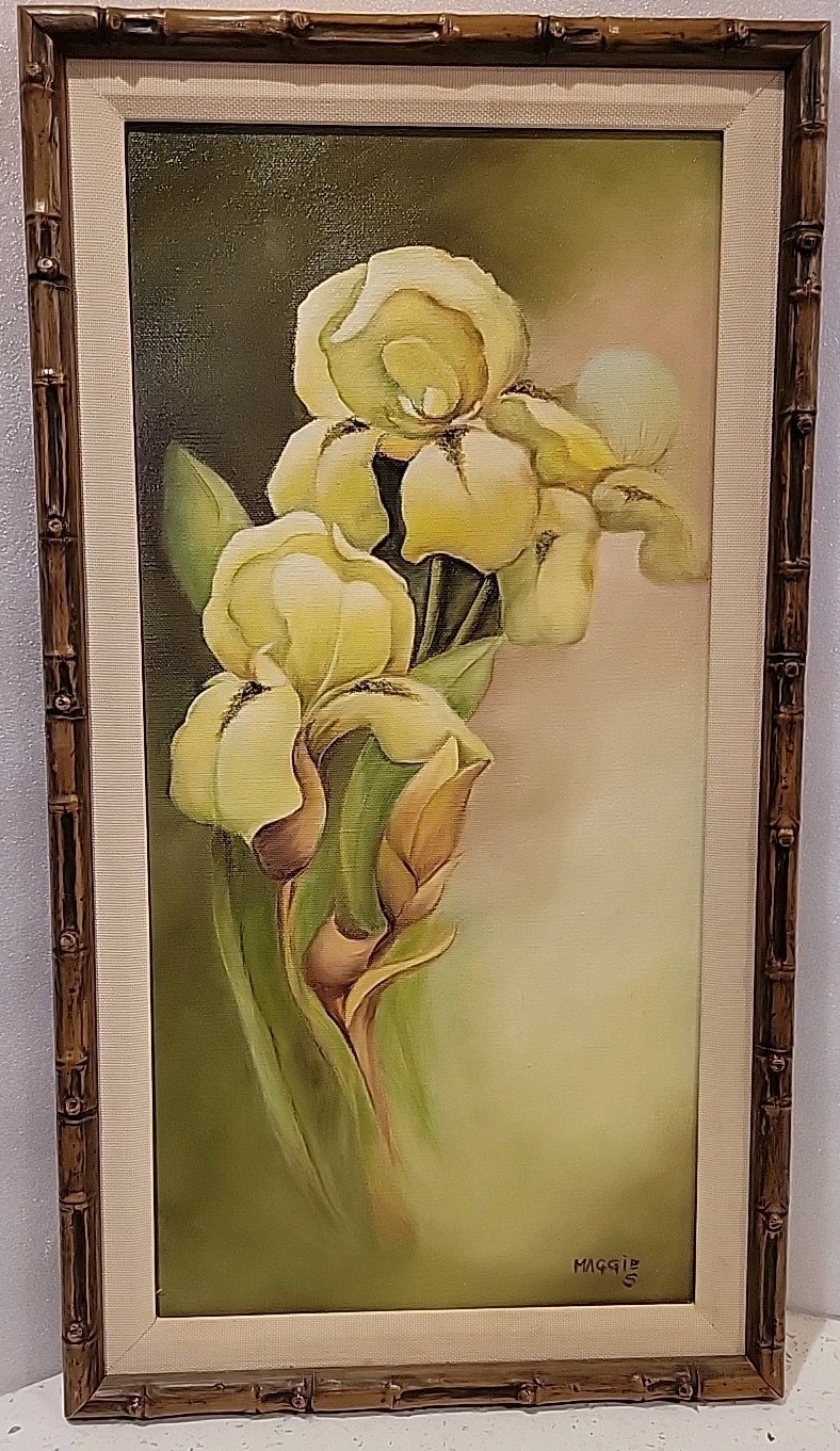 VTG Oil Painting Canvas Green Iris Flowers Bamboo Style Frame Signed 22×12