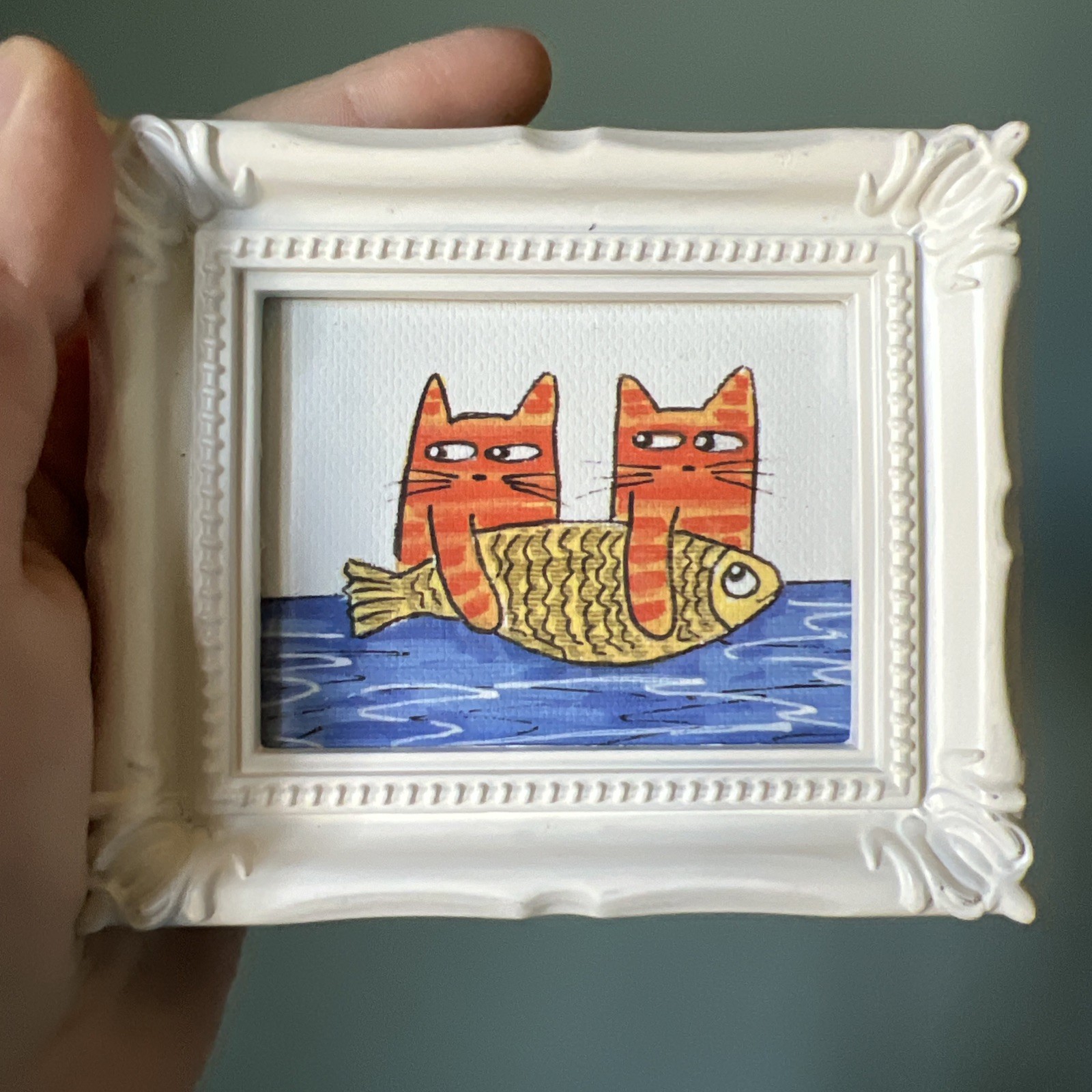 Print Of My Art Cat And Fish funny,cute,miniature Painting,small, framed