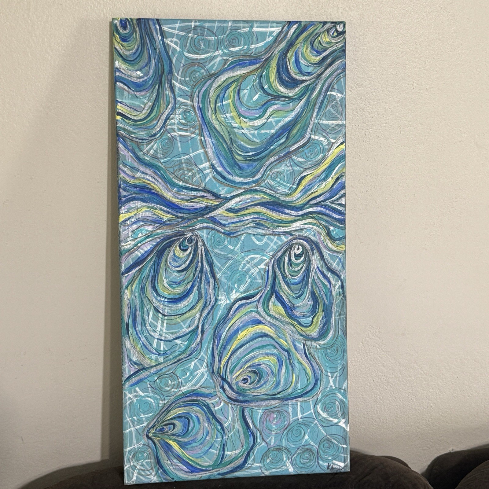 Abstract Modern Swirling Lines Blue Green Yellow Acrylic Painting Canvas 12×24”