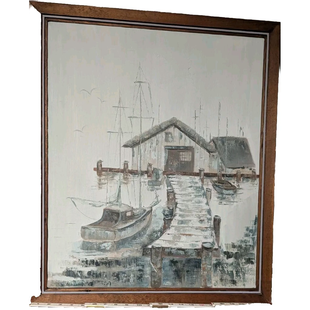 Fishing Boats In The Harbor Fishing Painting Nautical SIGNED 23X27.5″ Framed