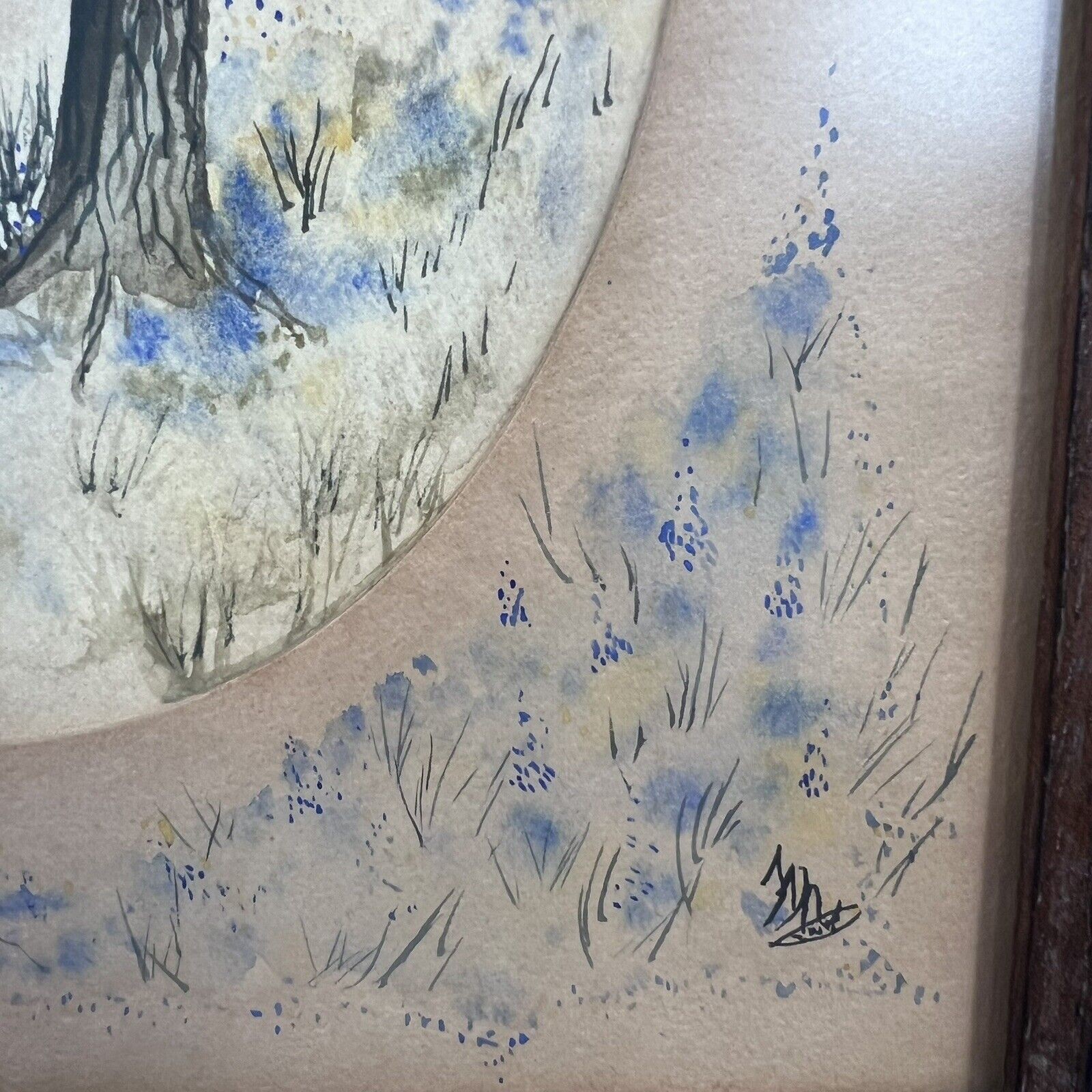 Original Watercolor Painting Framed Signed Autumn Leafless Trees Wood Frame Mat