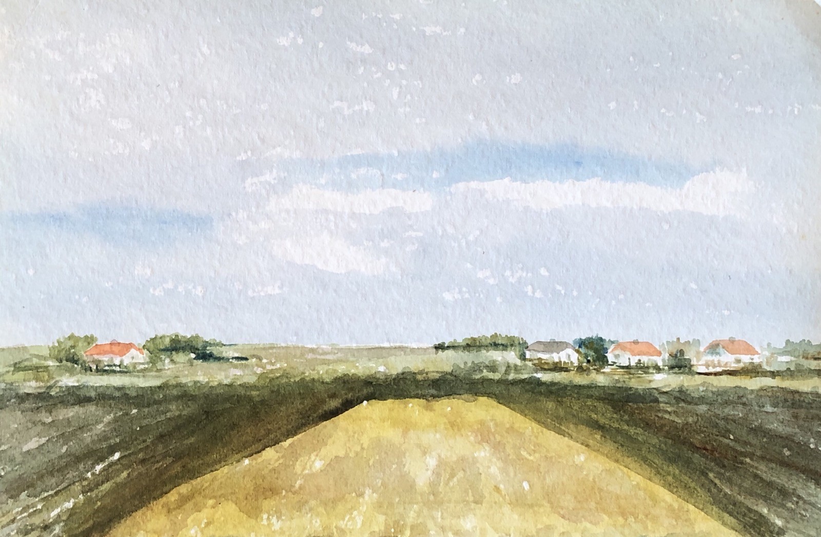 IMPRESSIONIST – WIDE FIELDS UNDER BLUE SKY – DENMARK – WATERCOLOUR 31 X 20.5