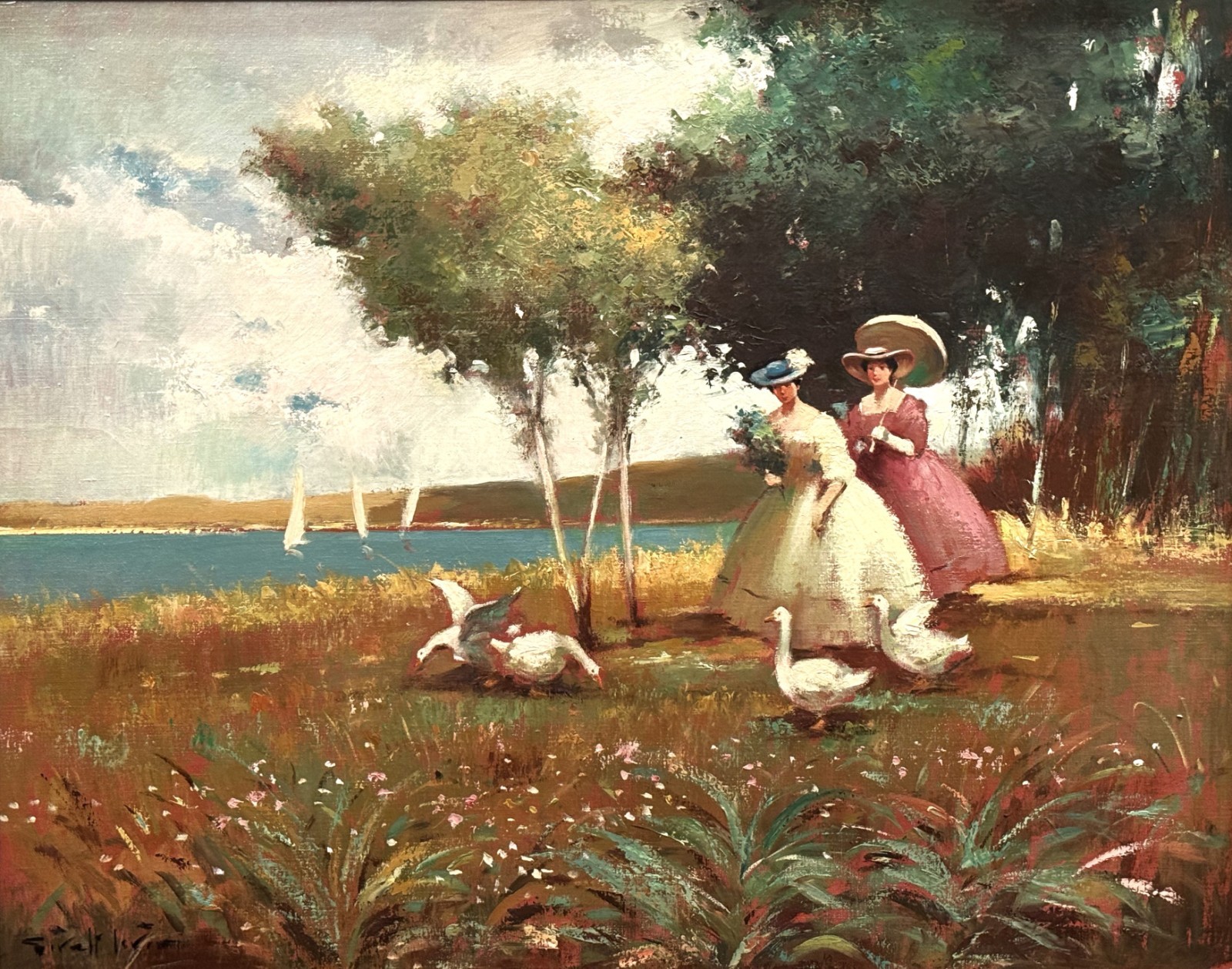 Joan Giralt Lerin (Spain/USA), VTG Mid-20th C O/C «Ladies On Promenade», Signed!