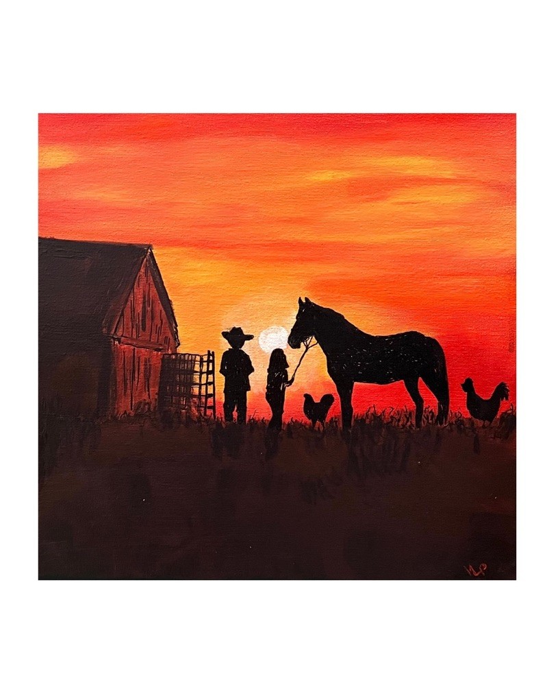 Original Cowboy Sunset Painting Acrylic Canvas Western Barn Silhouette Art 12×12