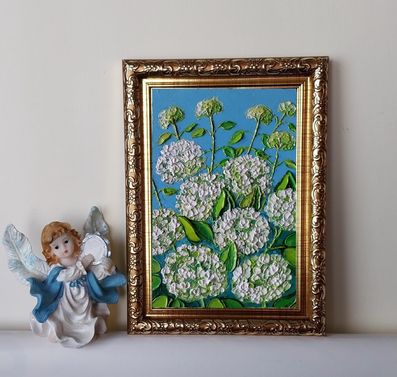 Framed White Hydrangea Blossoms Flowers Art 4×6” Impasto Oil Painting Original