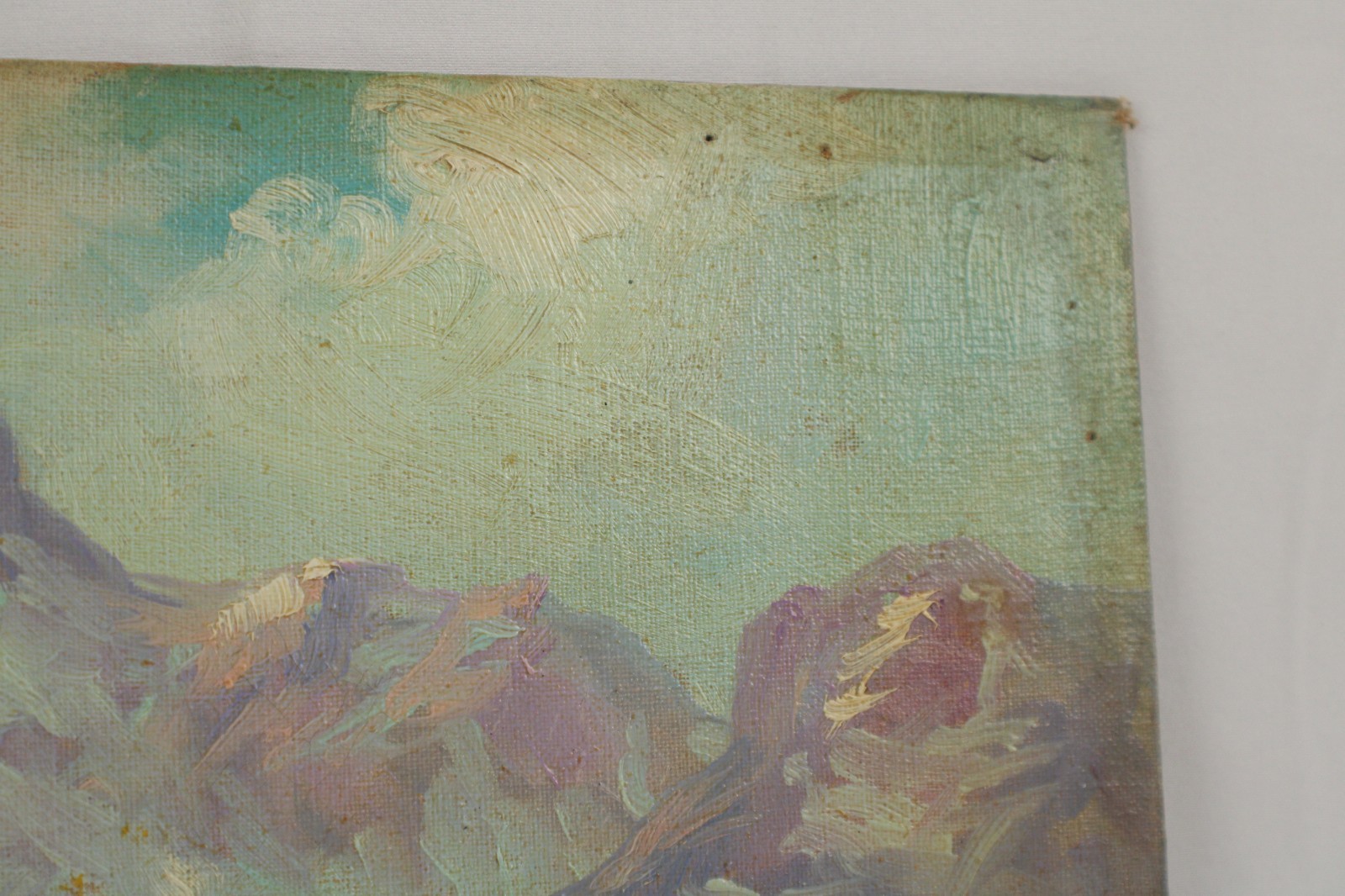 Antique Gem Snow Capped Mountain Lake Small Landscape Oil Painting Unsigned