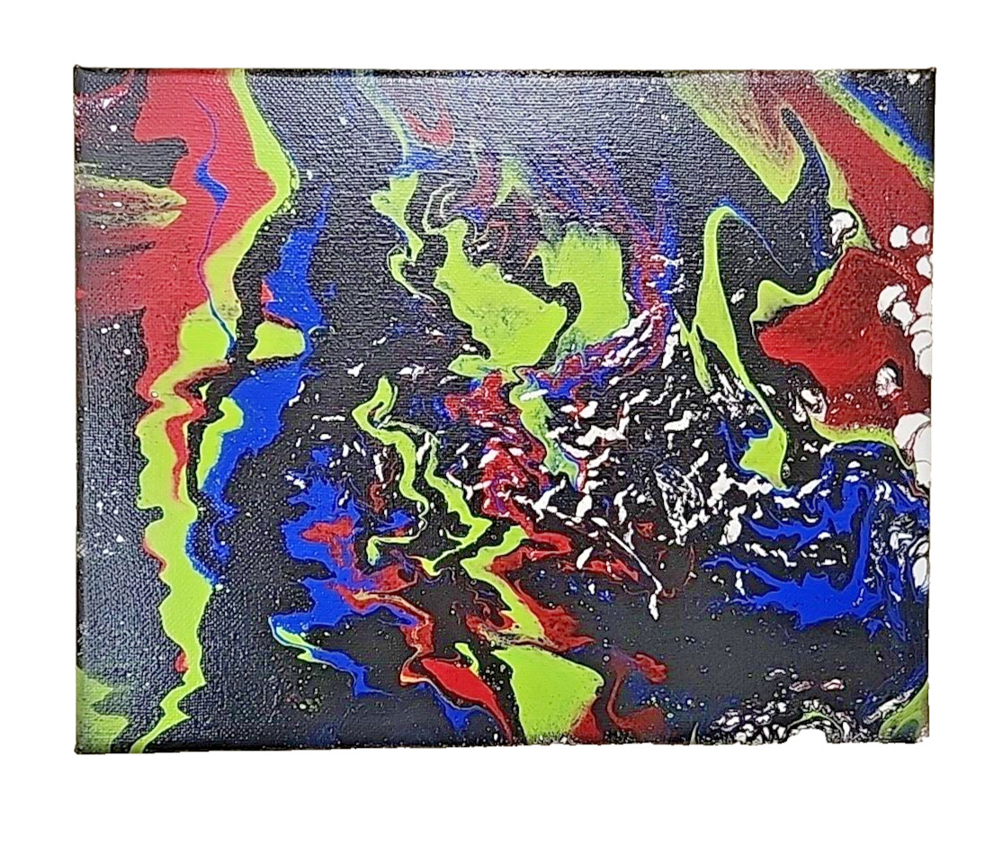 Acrylic Pour Painting Abstract Black Blue Red Green White10x8 Unframed OOAK Gift