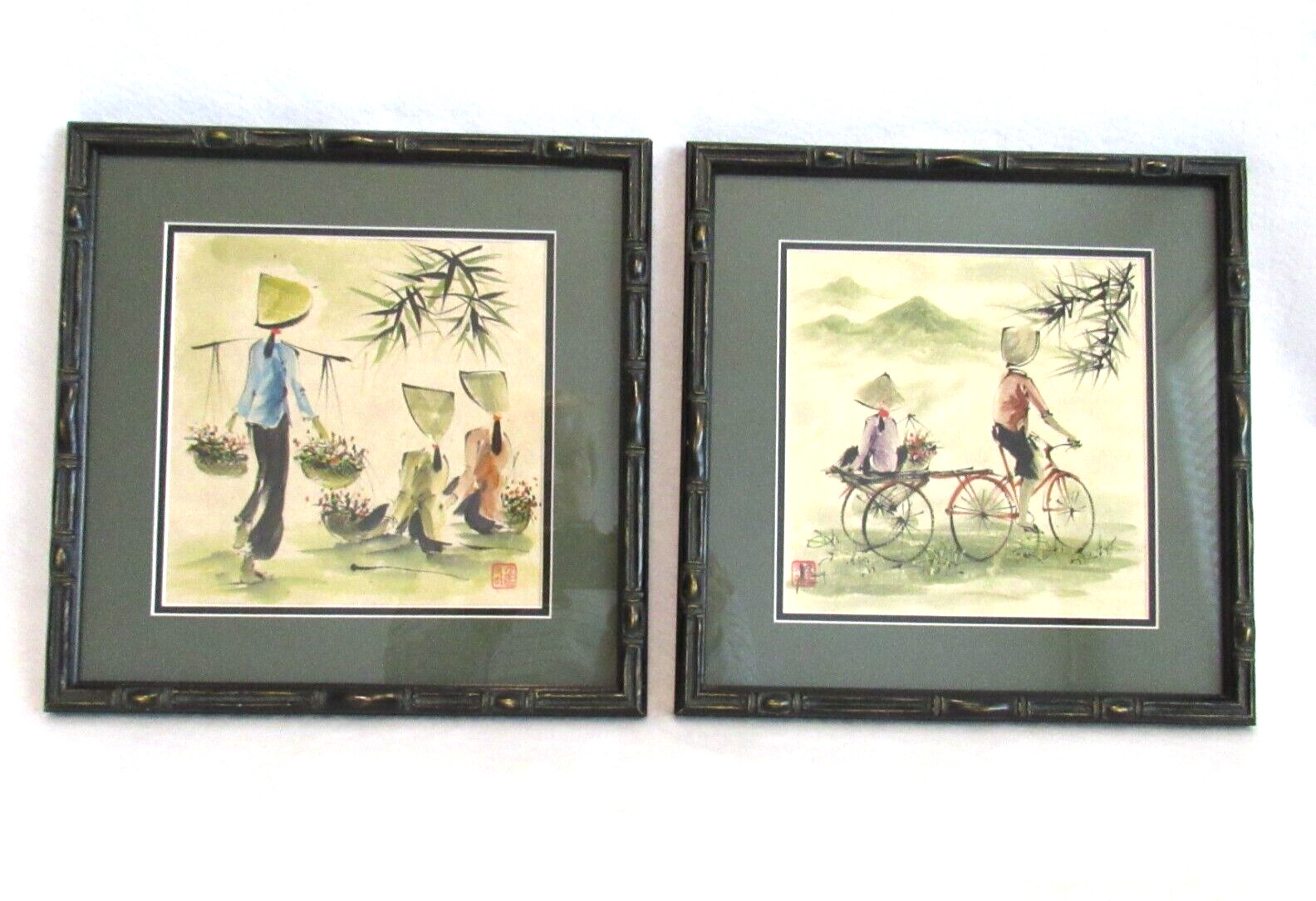 VTG Original Watercolor Ink Asian Traditional Scenes Artist Signed Framed
