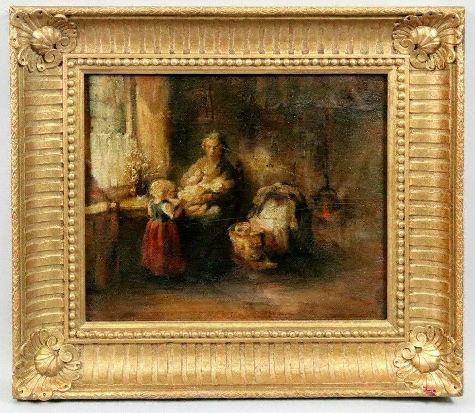 «Mother and Children In Interior» Bernard De Hoog Original Signed Oil On Board.