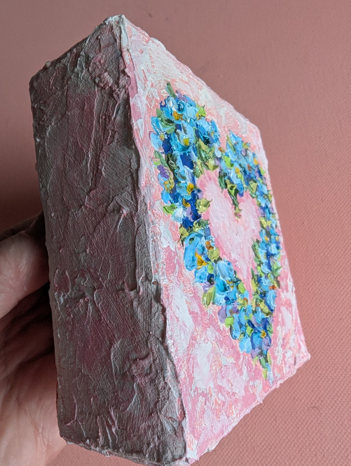 Forget-me-not ORIGINAL OIL impasto HEART Painting 4″X4″ X 1.5″ by Olga Diduh.