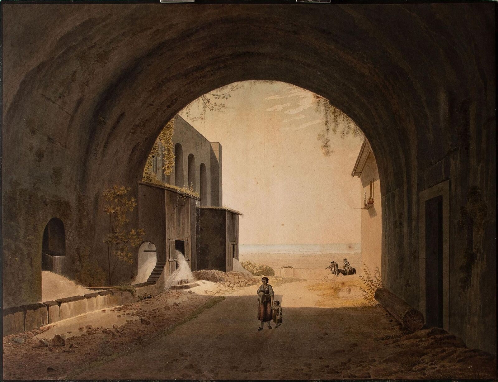 Unique Tivoli Sanctuary of Hercules Victor Architecture Unsigned Watercolor 1833