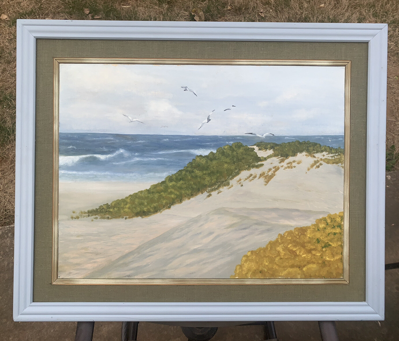 Vtg Seagrass Beach Sand Dunes Seagulls Seascape Ocean 25”X31” Oil Canvas Panel