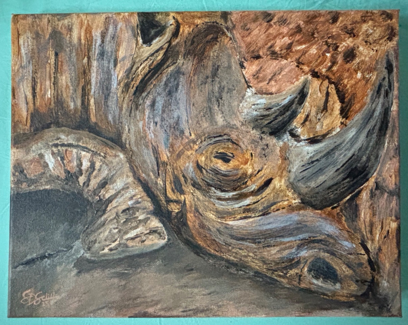 ACRYLIC PAINTING #254 TREE OF LIFE RHINO on 11×14 CANVAS by SDSchwitters