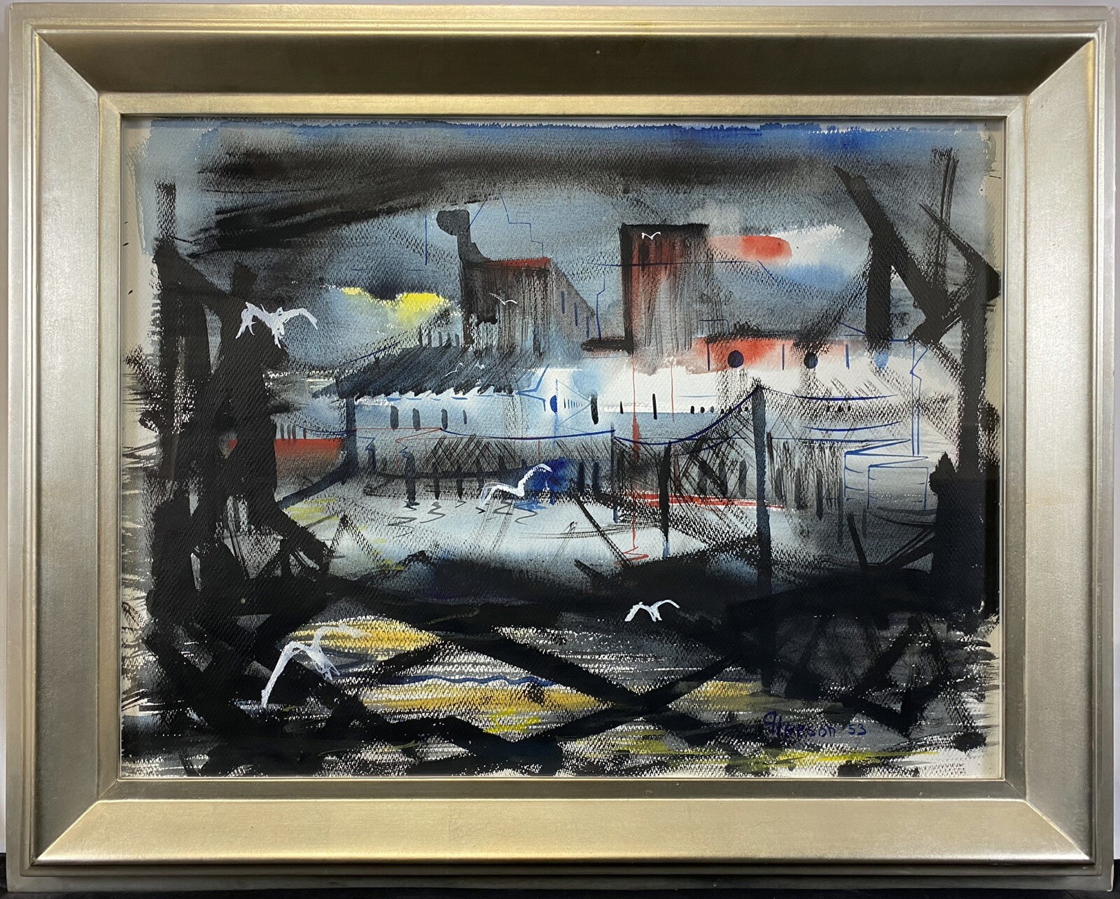 1953 Gerald Collins Gleeson Fish Cannery Factory Seascape WPA Modernist Painting