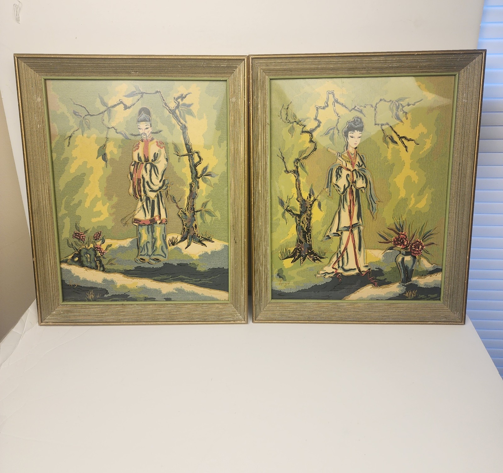 Vintage «Kiyo» Signed Pair Of MCM WC Paintings Japanese Lady & Man With Frames