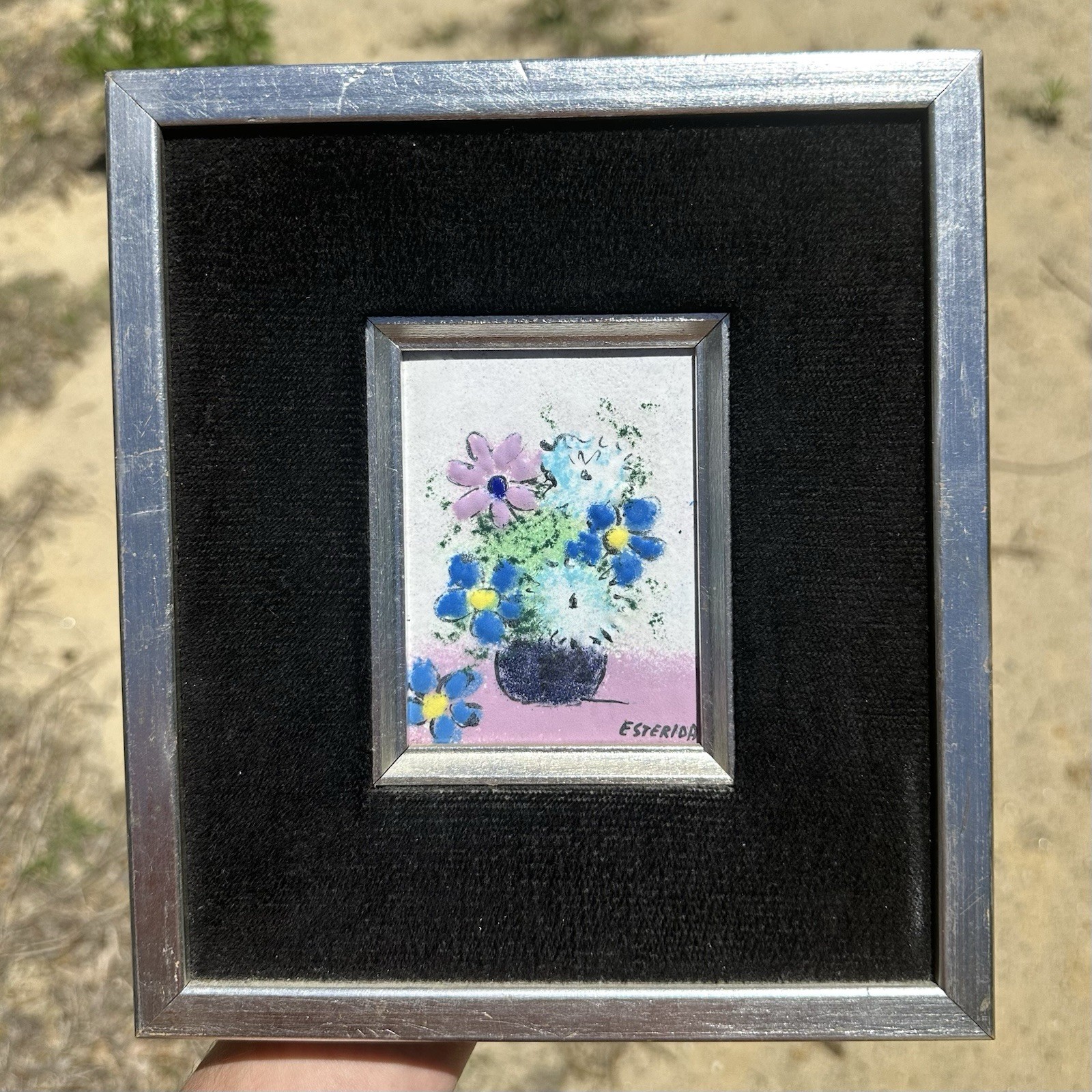 Raphael Esterida Enamel on Copper Framed Floral Still Life