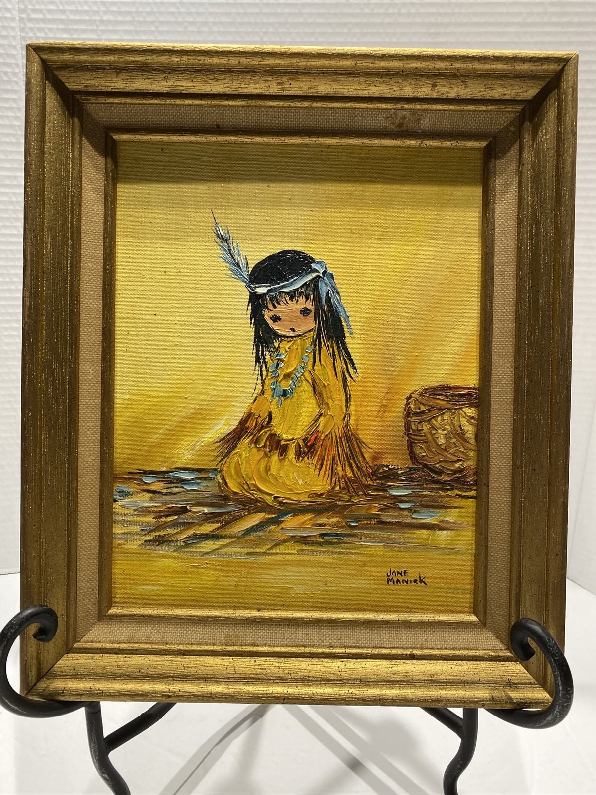 Native American Girl Painting Signed Jane Manick MINNESOTA MIDWEST ART 10×12 VTG