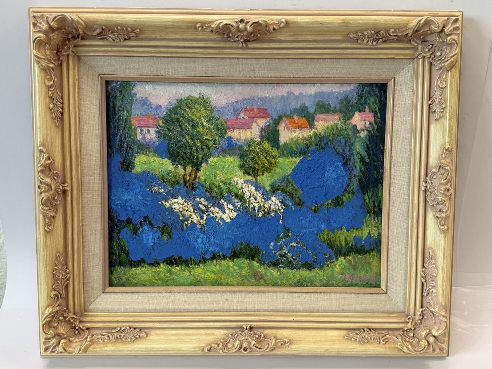 Vintage Impressionist Oil Painting Signed Oliver Village Landscape Ornate Frame