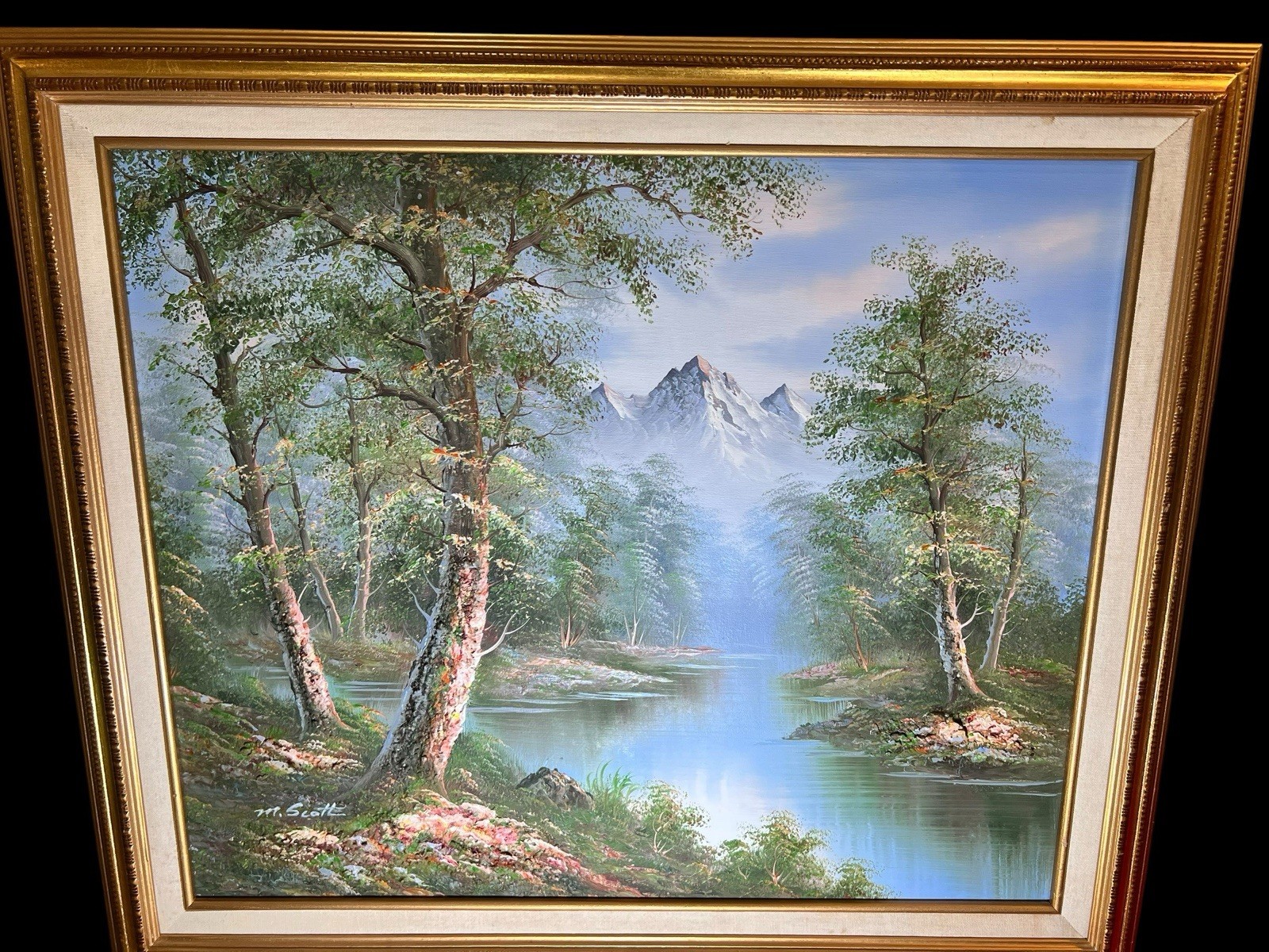 Vintage M. Scott Oil Painting 3D Textured Landscape Framed 29×25” Signed