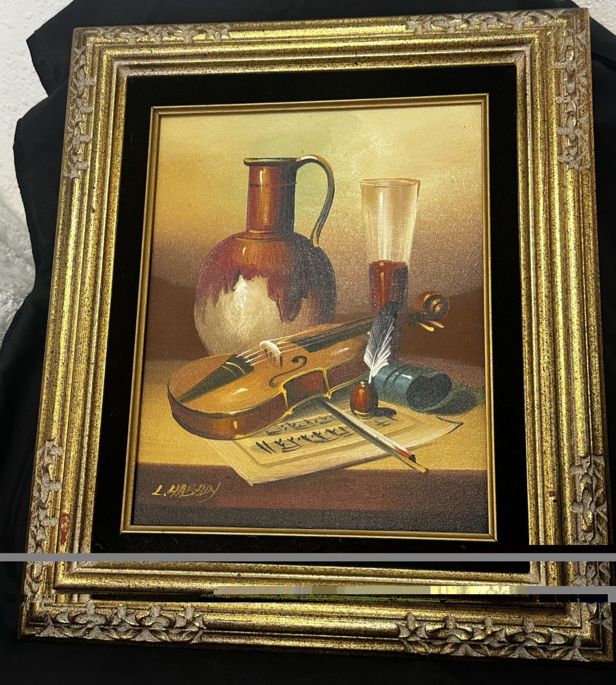 Original 8×10 Framed oil painting Violin Still Life canvas by artist L. Habady