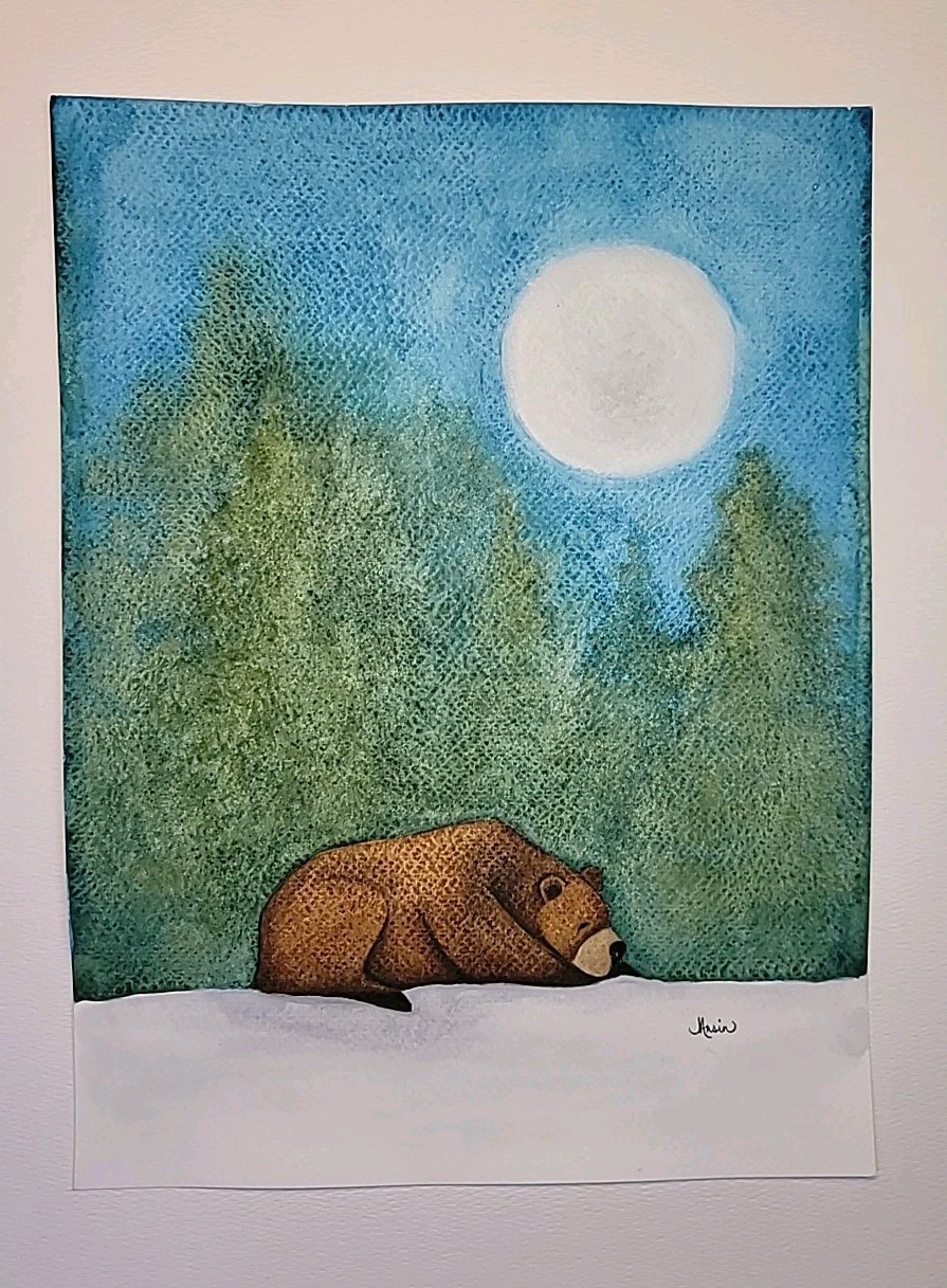 Original Watercolor Bear Under Moonlight 9×12 Wildlife Art Painting