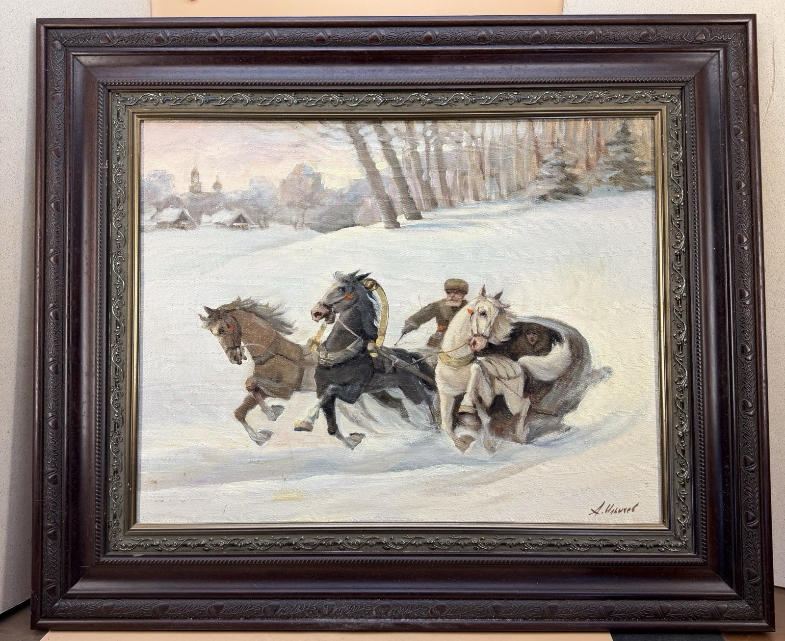 Russian Mid-20th Century Oil Painting by A. Ilichev – Three-Horse Rider