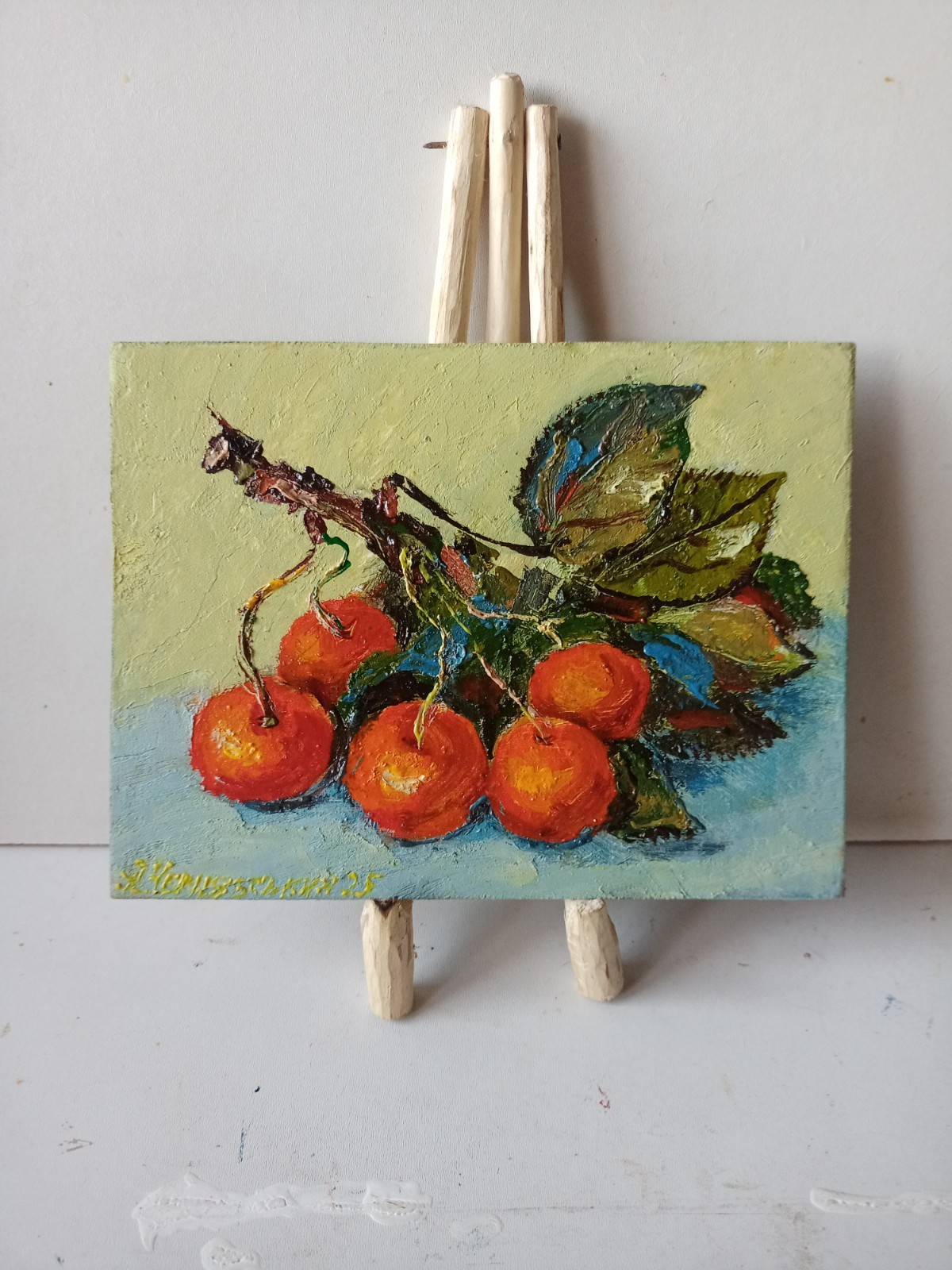 Cherries Impasto Painting Original Art Impression Oil Painting 5.2 x 6.8 in