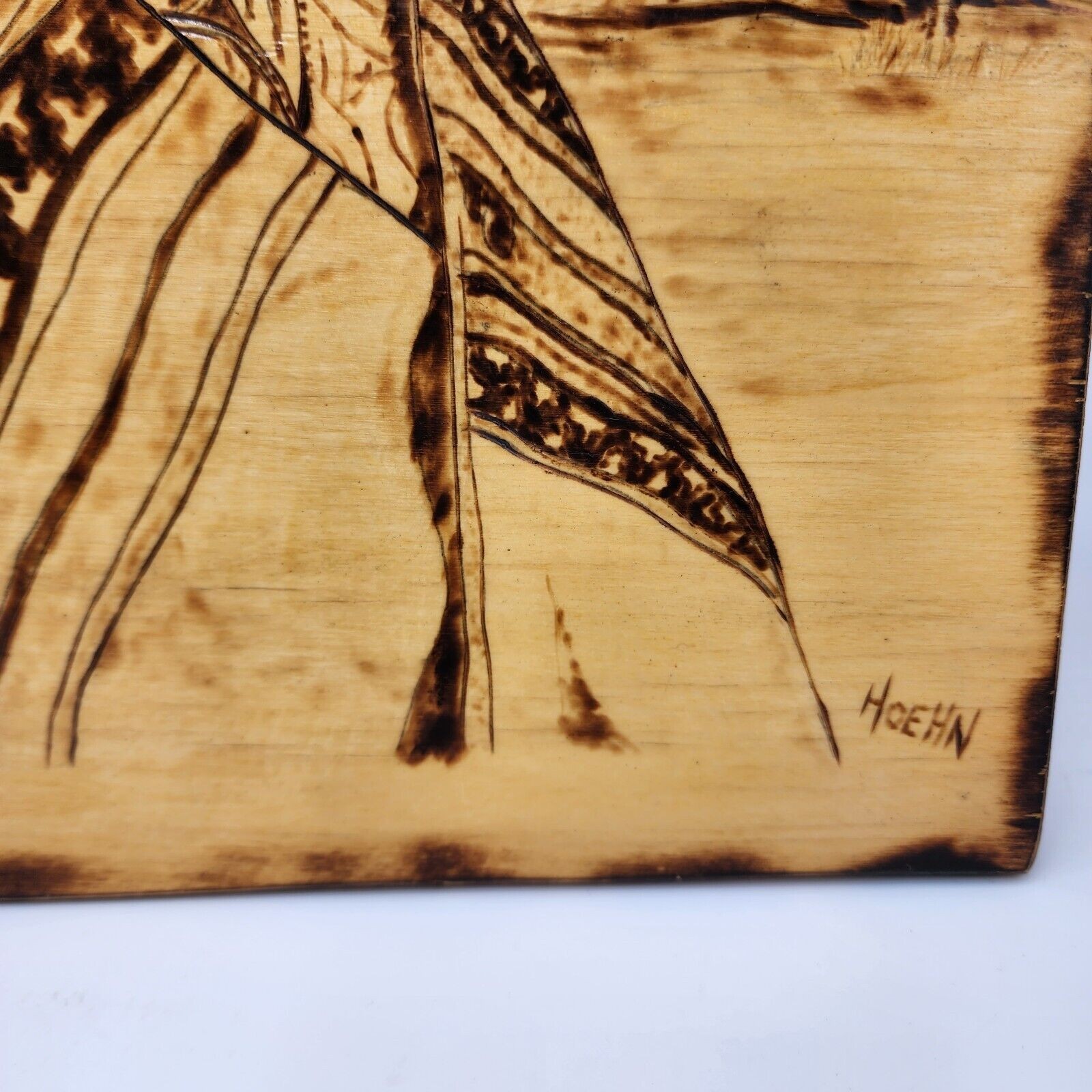 Vintage Native American Grandmother Wood Painting Burning Carving Hoehn 10×10″