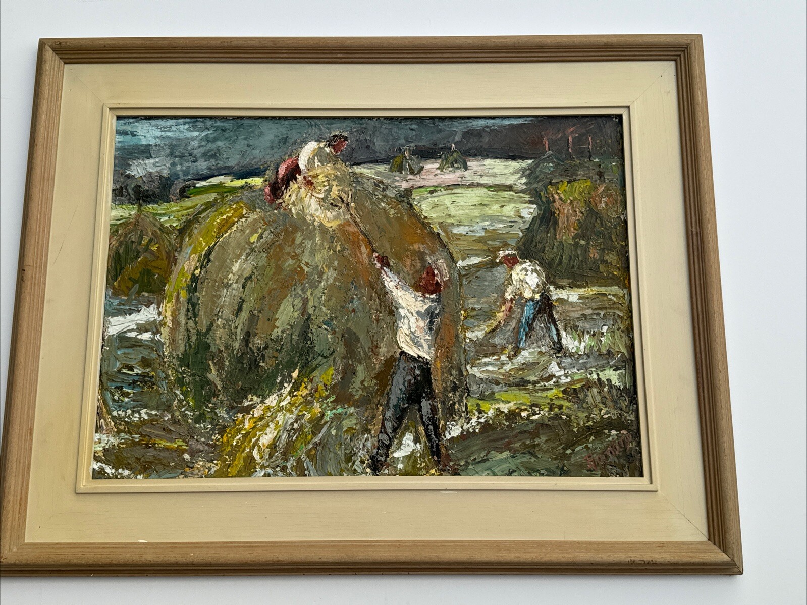 MID CENTURY FARMING PAINTING IMPRESSIONIST LANDSCAPE FARM WORKERS HAY STACKS