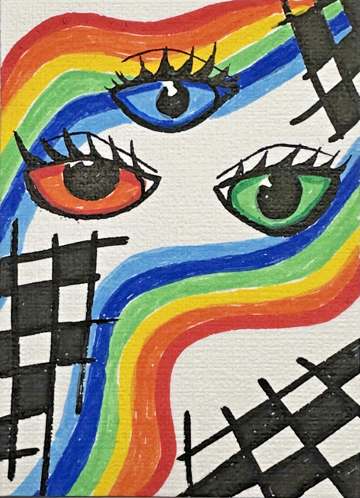 ACEO Original Art Card Abstract Pattern and Eyes Rainbow Acrylic on Canvas Paper