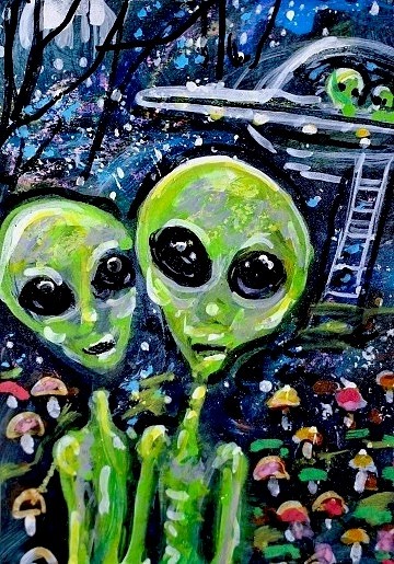 Original ACEO Painting ALIEN Mushrooms Stars ET Martian Universe UFO ATC ART