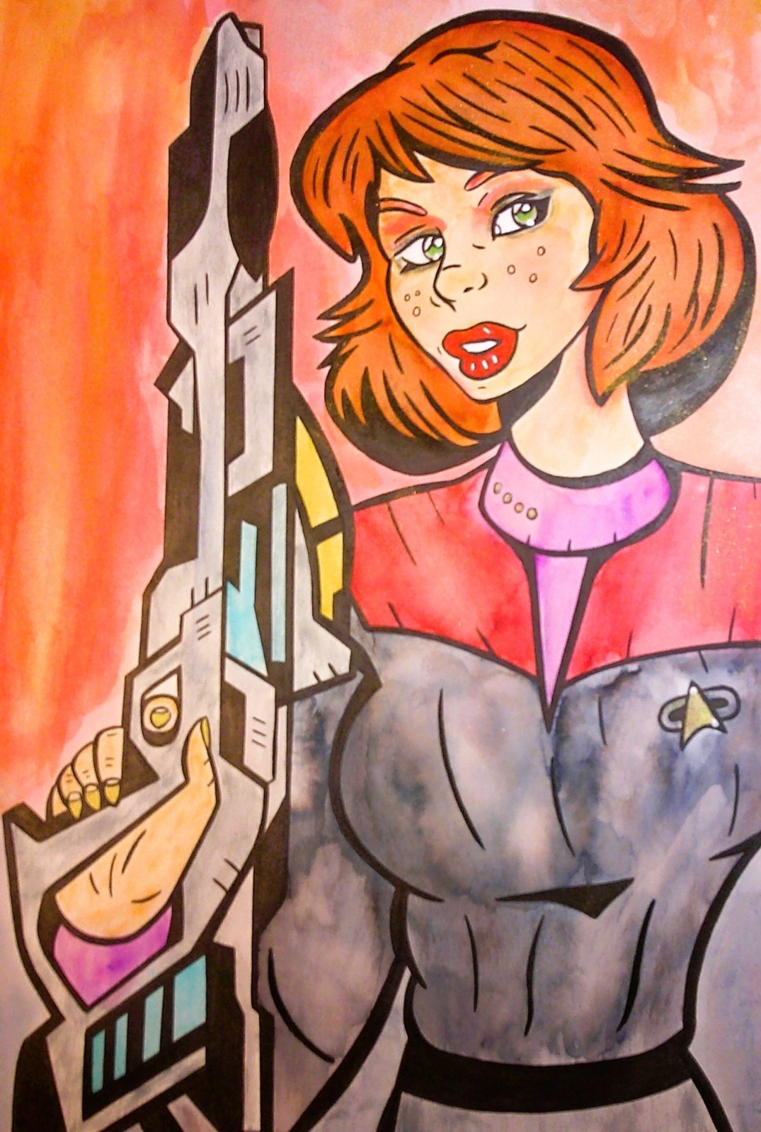 Star Trek artwork «Red Alert» Captain Janeway watercolor on hard paper Mohler