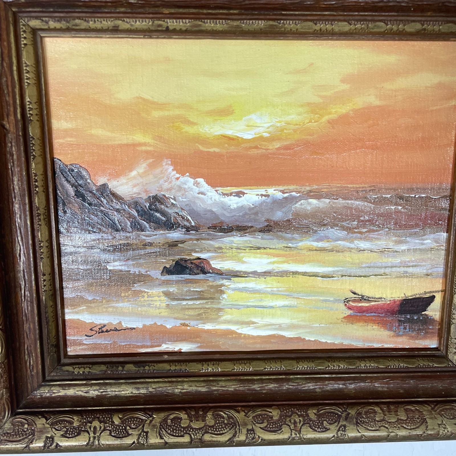 Ocean Waves Crashing on Beach Rocks at Sunset Acrylic on Canvas Framed Signed