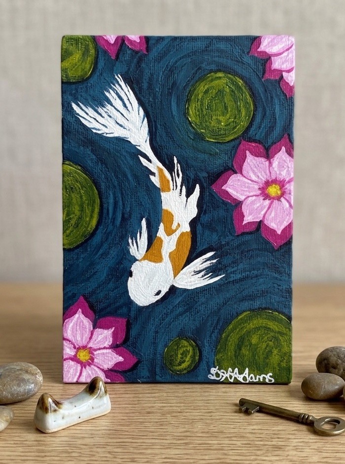 Framed Original Koi Fish Miniature Acrylic Painting – 4×6 Small Zen Pond Art