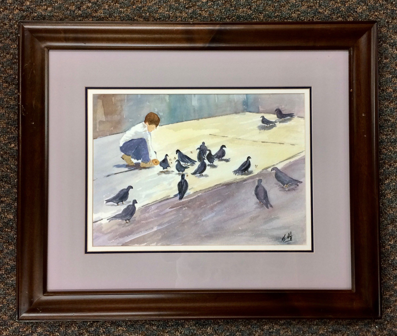 Vintage Framed Original Watercolor Painting – «Boy Feeding Birds in the Square”