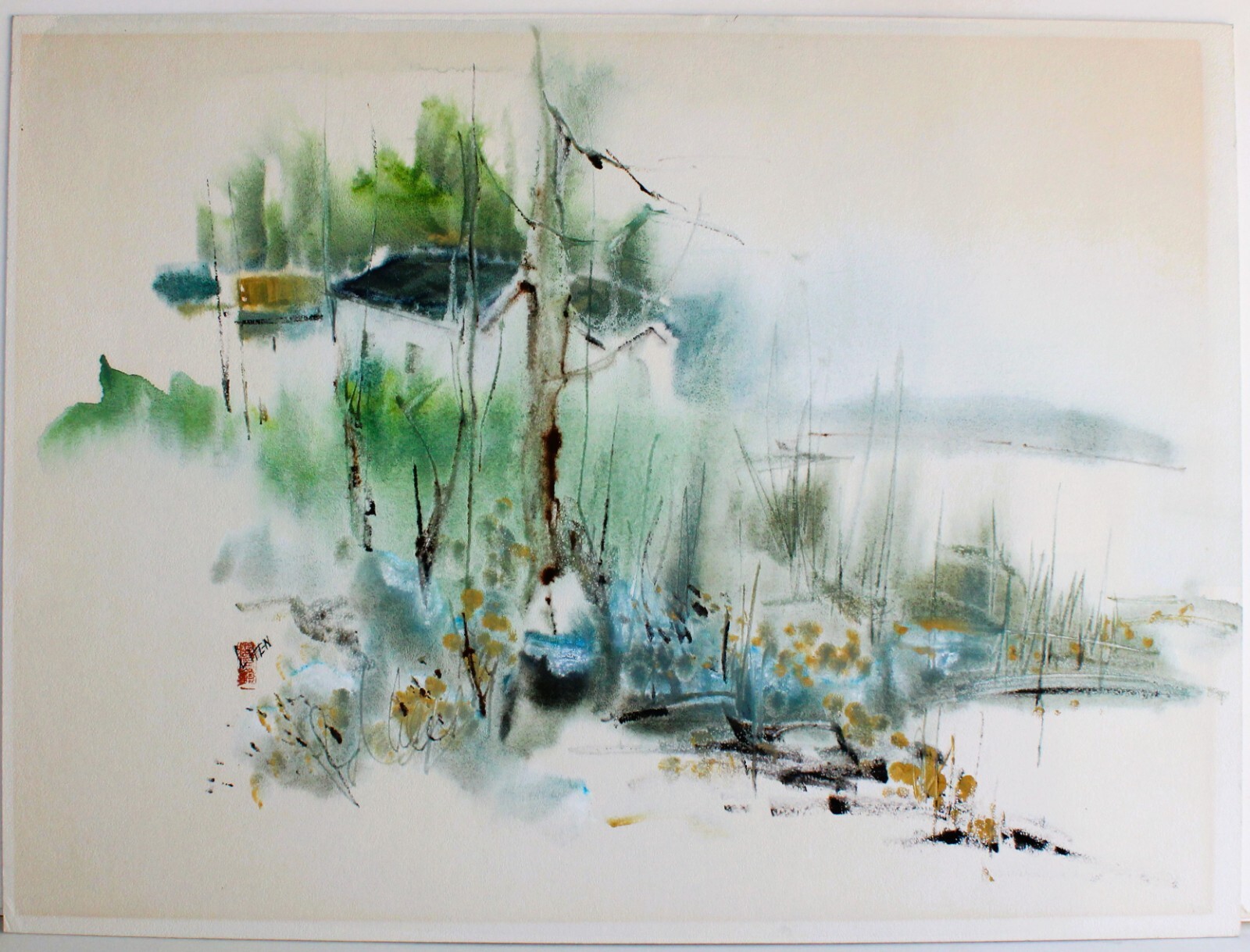 VINTAGE WATERCOLOR ON CARDBOARD SIGNED AND SEAL STAMP CHINESE ARTIST FARM HOUSE