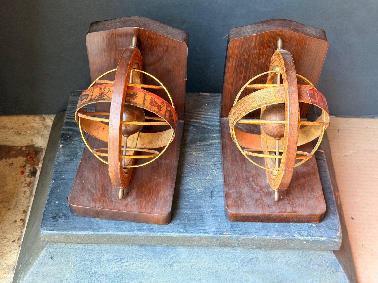 Vintage Wood Armillary Sphere Bookends Zodiac Astrological Globe Pair 6″