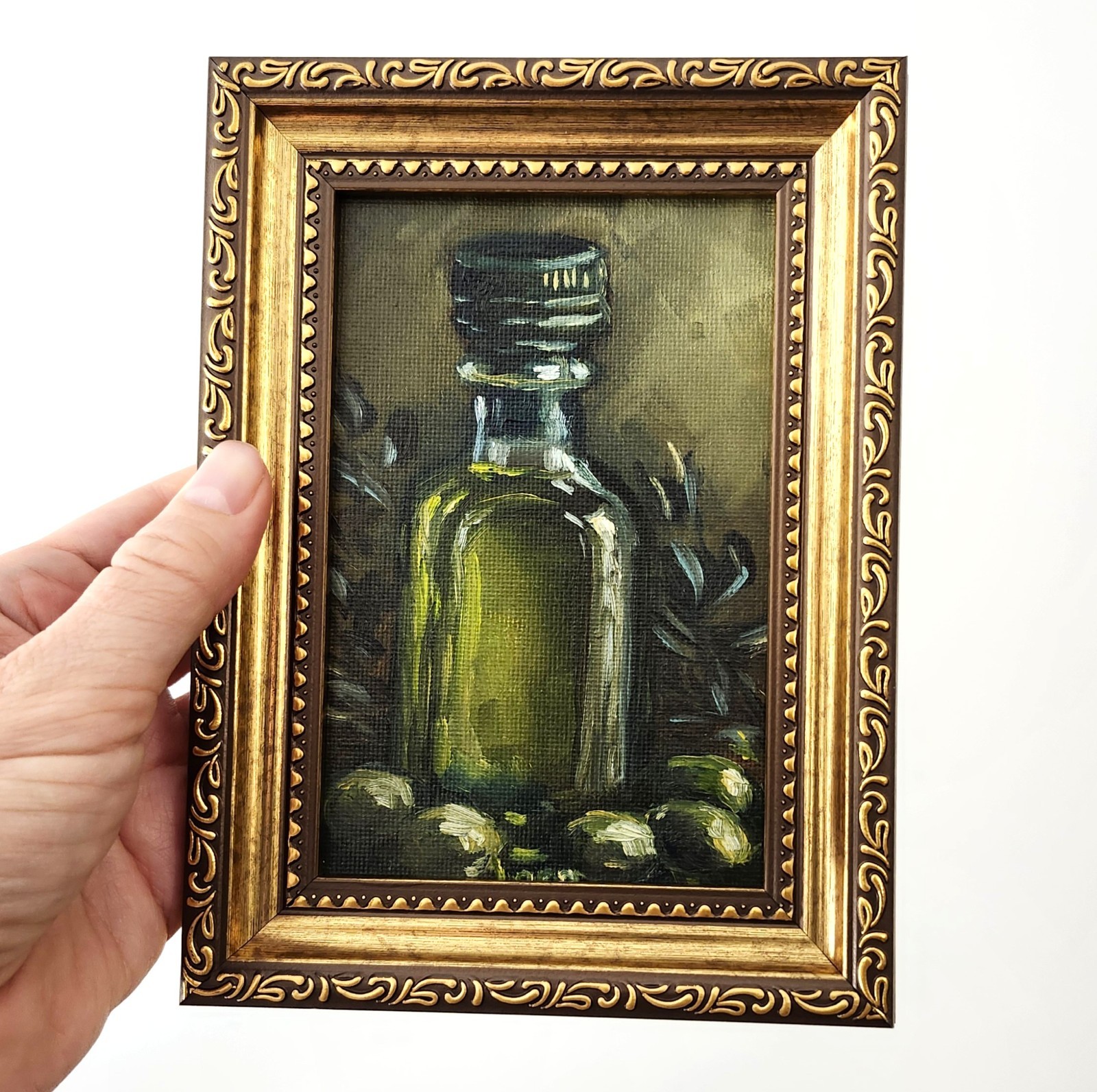 Olive Oil & Olives Original Oil Painting Framed Rustic Still Life Cottage Decor
