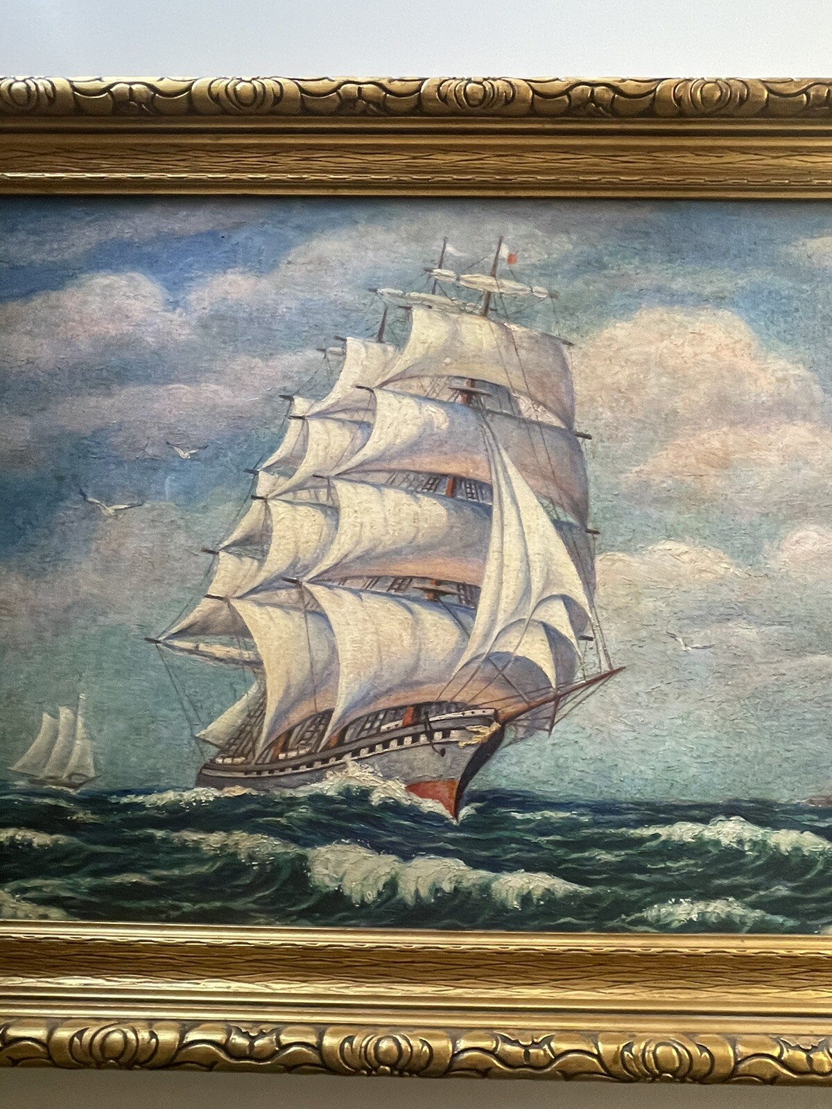 Antique Nautical Painting Seascape American Lighthouse Landscape Coastal Ship